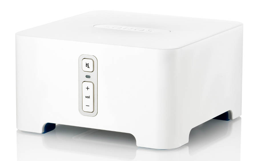 A compact white electronic device with a smooth, minimalist design featuring a central front panel with three buttons: a mute button, a volume increase button marked with a plus sign, and a volume decrease button marked with a minus sign. The device sits on a reflective surface, perfect for those modern exterior renovations in Madison WI.