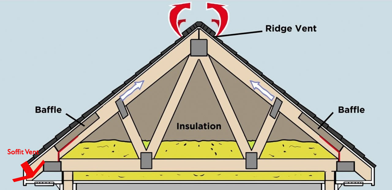 A diagram of an attic's ventilation system, ideal for exterior renovations in Madison, WI. Arrows show airflow through soffit vents at the roof's eaves, up past baffles that keep insulation away, and out through a ridge vent at the peak. Insulation is shown at the attic's floor.