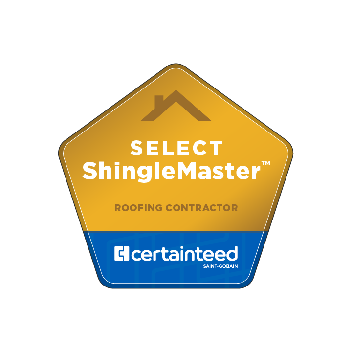 A pentagon-shaped badge with a gold upper section and a blue lower section. The gold section features an illustrated roof and text that reads "SELECT ShingleMaster ROOFING CONTRACTOR." The blue section contains the logo and text "CertainTeed SAINT-GOBAIN," ideal for exterior renovations in Madison, WI.