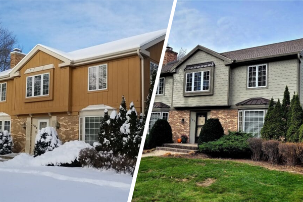 The image is split into two sections, each showing a house. The left side depicts a house with snow-covered roof and yard indicating winter in Madison, WI, while the right side shows the same house after exterior renovations on a snow-free lawn, indicating a different season, possibly spring or fall.