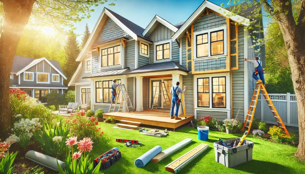 Workers are busy planning renovations as they paint a large, blue, two-story house with ladders and various tools in the garden. The sun shines on blooming flowers and lush grass. A similar house is visible in the background under a clear blue sky.