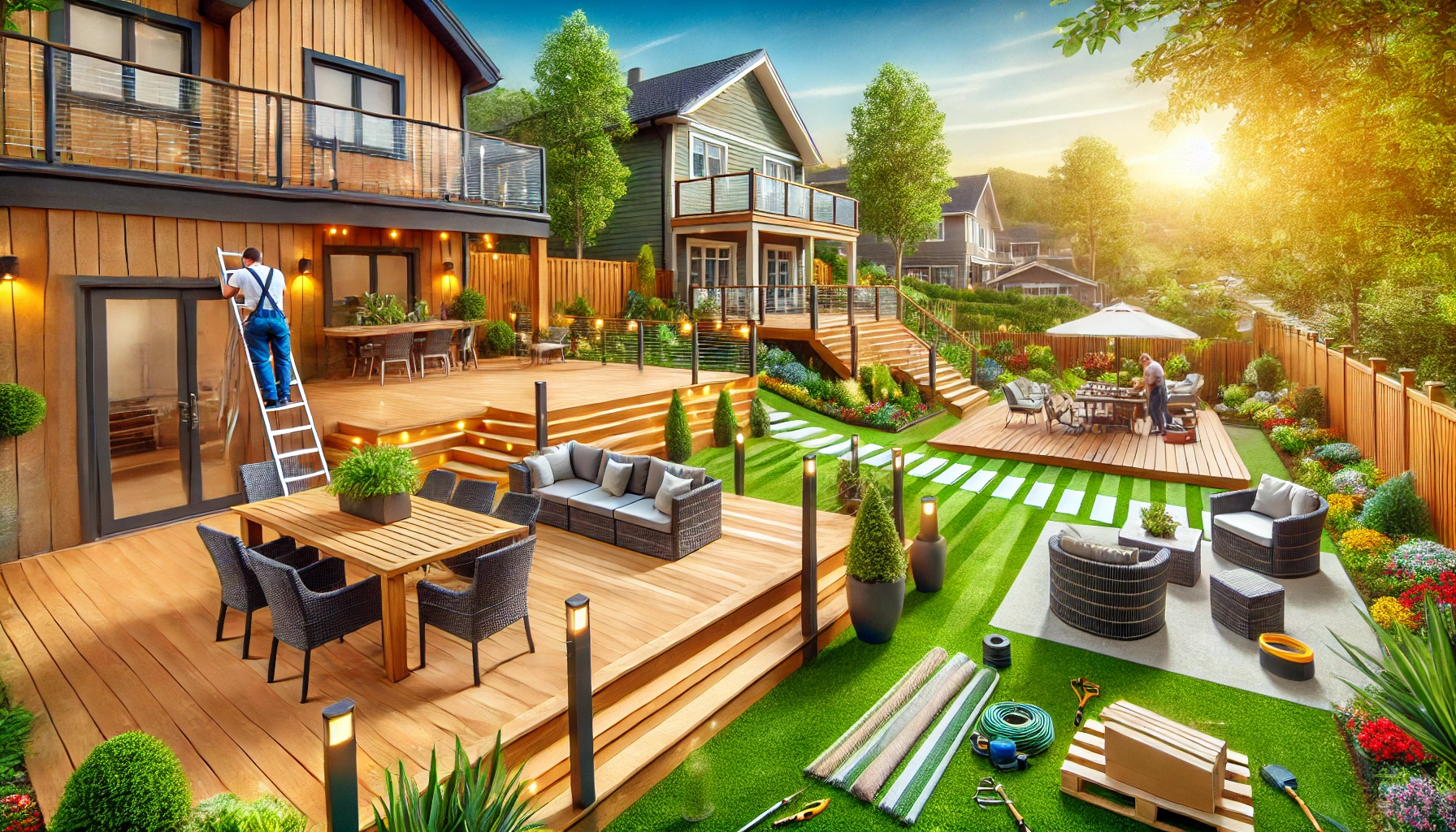 A vibrant backyard showcases multi-level wooden decks, ideal for any home guide. With outdoor seating, a dining area, and a person on a ladder painting the house, it’s your ultimate guide to perfect spaces. Manicured lawns, colorful flowers, and tools lie beneath the bright sunny sky.