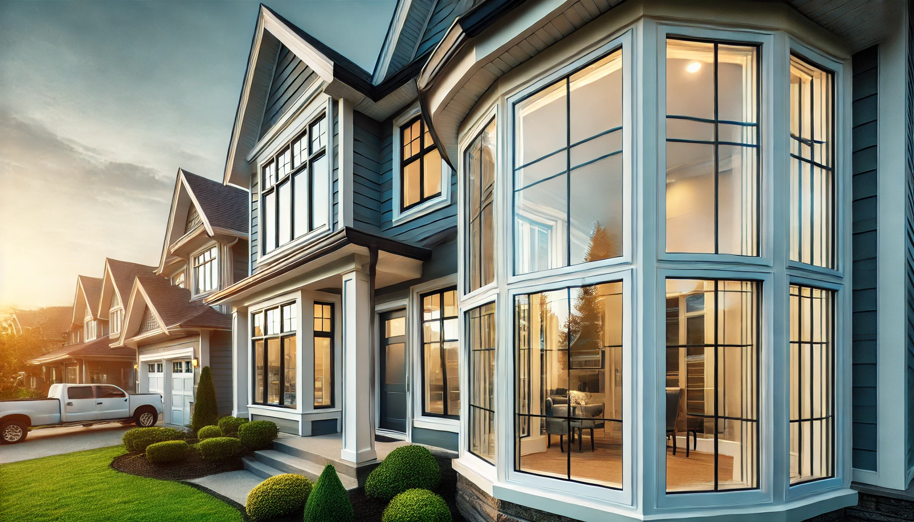 A modern suburban house with large bay windows showcases its recent exterior renovation, highlighted by manicured shrubs and warm interior lights. Cars are parked in the driveway, while neighboring homes stand under a blue sky with scattered clouds, reflecting diverse styles and materials.