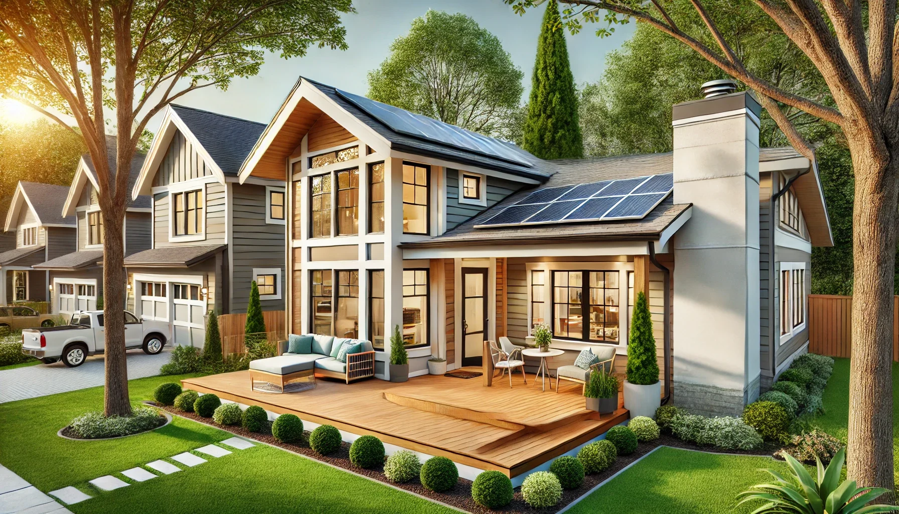 Modern two-story house with energy-efficient solar panels on the roof, large windows, and a wooden deck featuring outdoor furniture. Manicured lawn with shrubs and trees surrounds the home. Neighboring houses and a car are visible in the background.